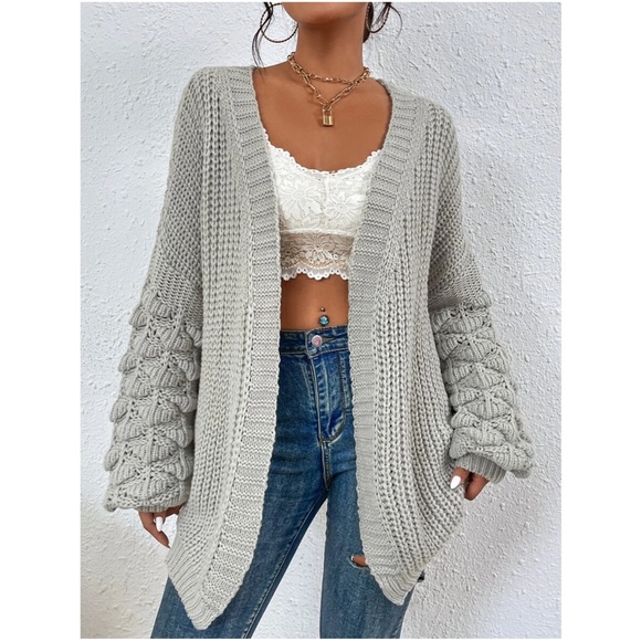 #18 Cozy Grey Open Front Pom Pom Sleeve Cardigan - Picture 3 of 5